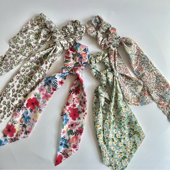 Set of 4 Long Scarf Floral Colorful Scrunchies - Picture 1 of 6